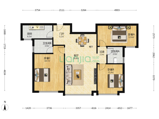 沣东旺城 3室1厅2卫 131平方
