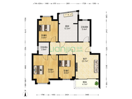 汇海雅居 3室1厅2卫 88平方