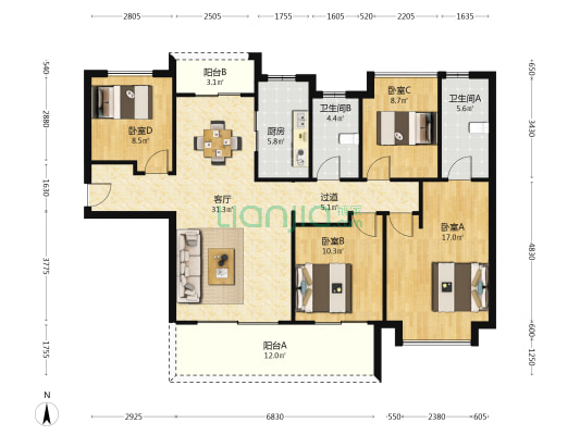 龙湖翠湖壹号 4室1厅2卫 143平方