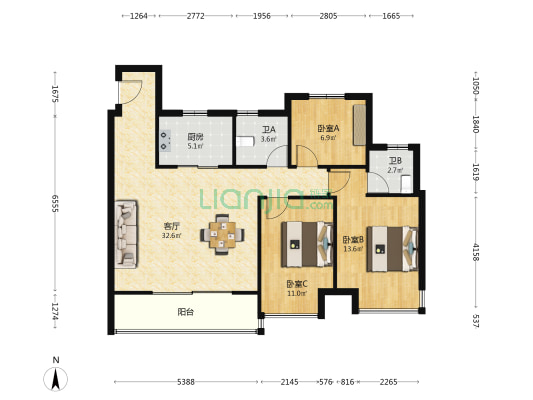 浙通名力桃花源 3室1厅2卫 104平方