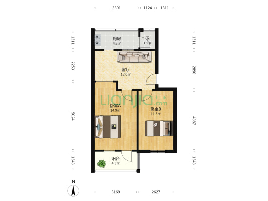 粮道街285号 2室1厅1卫 57平方