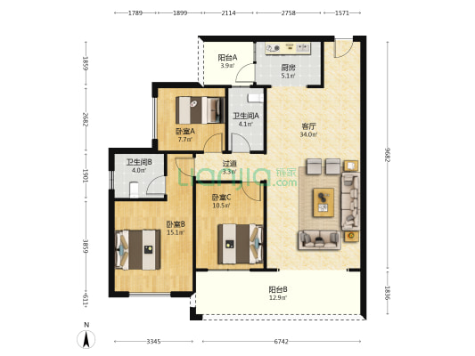 华夏花园 3室1厅2卫 117平方
