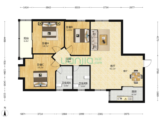 惠航大厦 3室1厅2卫 137平方