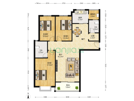 锦城景园 3室1厅2卫 144平方