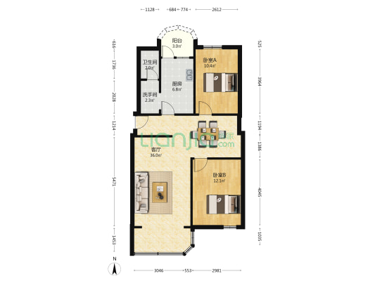 市建小区 2室1厅2卫 87平方