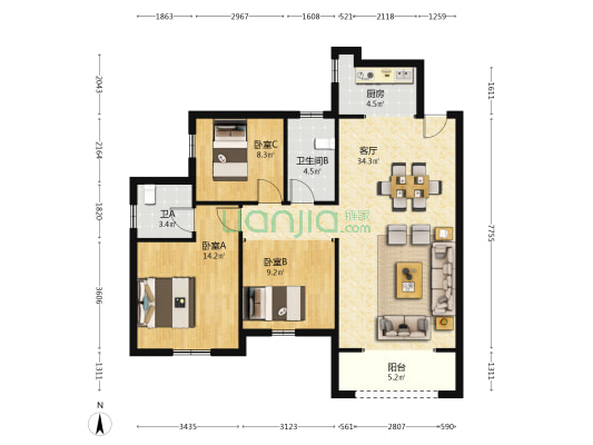 盛腾雅苑 3室1厅2卫 110平方