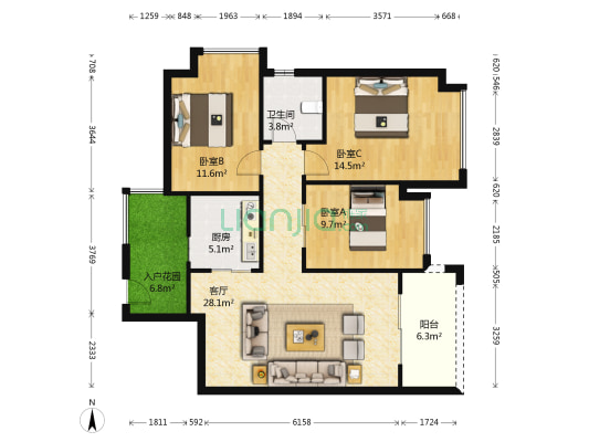 国际花城一期 3室1厅1卫 97平方
