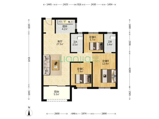 中海锦江城 3室1厅2卫 88平方