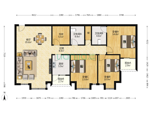 香江花园 4室1厅2卫 137平方
