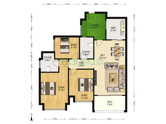 恒大帝景 3室1厅2卫 126平方