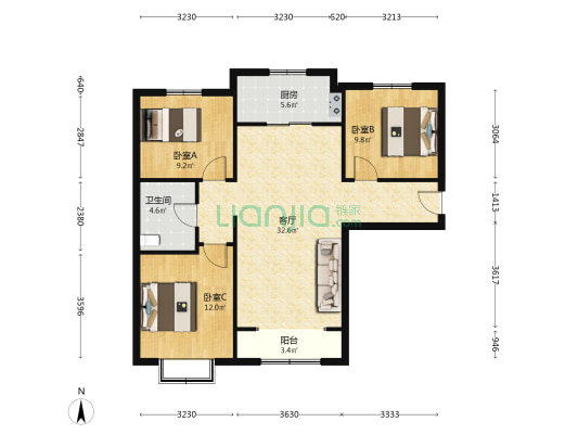 新干线南北通透三居  两梯四户采光好 随时看房-户型图