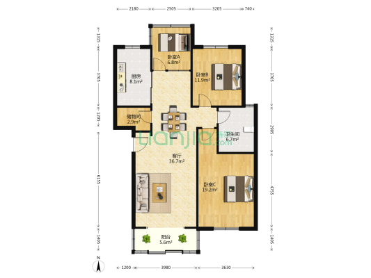 上海新城西区 3室1厅1卫 120平方