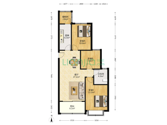 恒大悦庭 3室1厅1卫 113平方