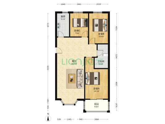 南北通透三居，中间楼层拎包入住-户型图