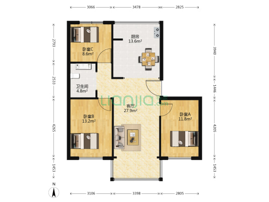 国宝星月湾A2区 3室1厅1卫 103平方
