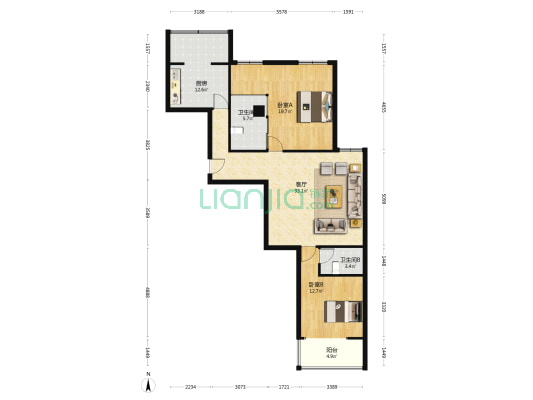 恒基嘉园南区 2室1厅2卫 117平方