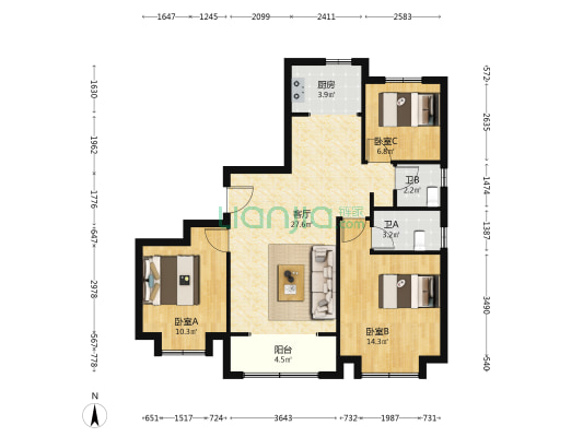 天山熙湖翠澜园 3室1厅2卫 107平方