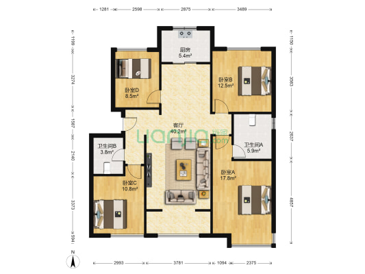 保利香槟国际 4室1厅2卫 142平方