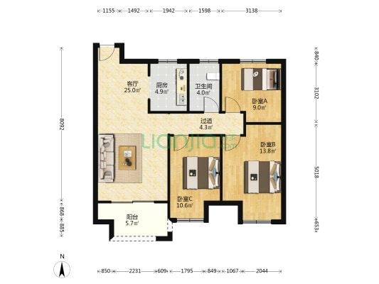熙岸华府 3室1厅1卫 97平方