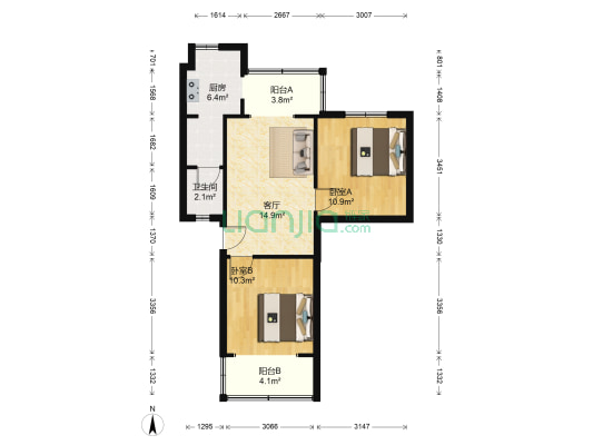 花牌坊街97号 2室1厅1卫 61平方