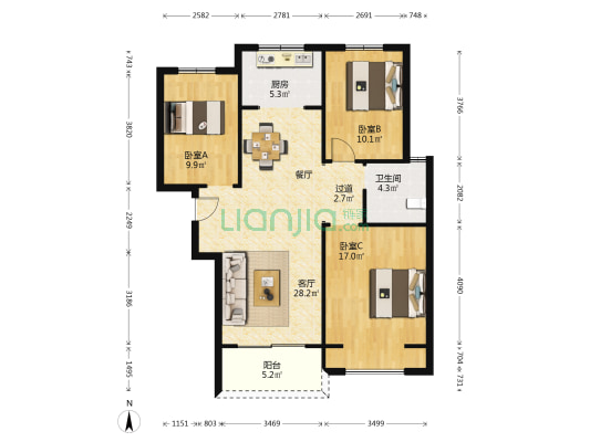 裕华行园 3室1厅1卫 113平方