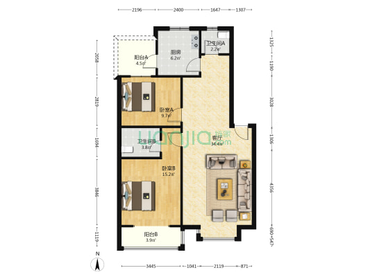 锦绣中华 2室1厅2卫 89平方
