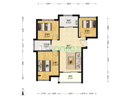 京冠御园华府 3室1厅1卫 89平方