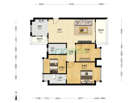 喜溢华府 3室1厅2卫 91平方