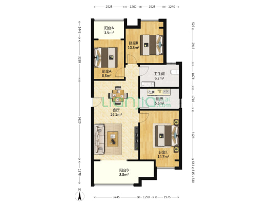 华远辰悦 3室1厅1卫 110平方