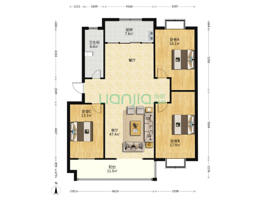 山工苑 3室1厅1卫 136平方