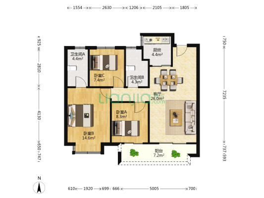 奥山题红樾里 3室1厅2卫 104平方