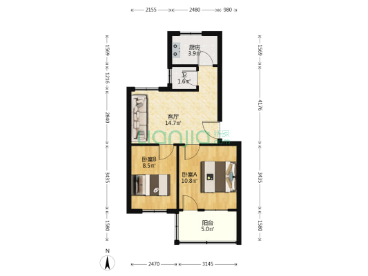铁路宿舍 2室1厅1卫 54平方