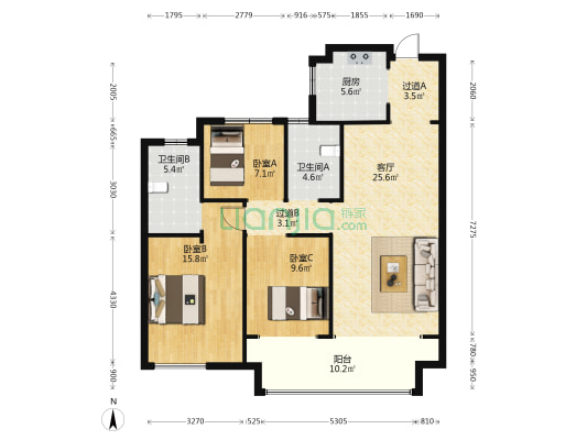 富力皖投大河城章 3室1厅2卫 121平方