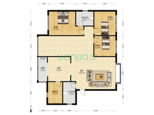富民乐园 3室2厅2卫 175平方