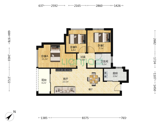 湖心明荟 3室1厅1卫 76平方