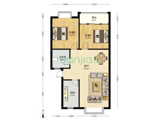 麒鑫颐苑 2室1厅1卫 89平方
