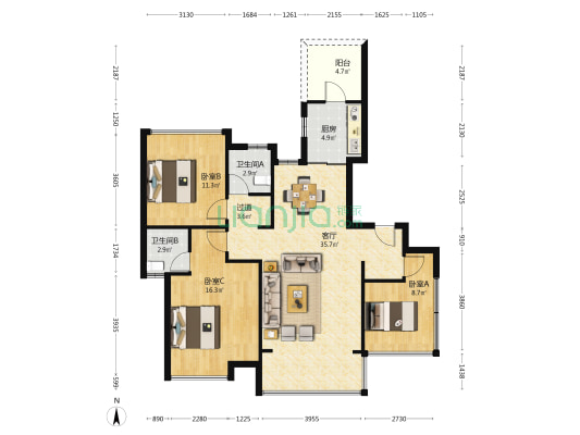 铂悦华府 3室1厅2卫 120平方