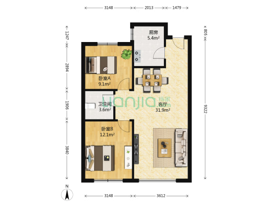 万达·秀园 2室1厅1卫 88平方