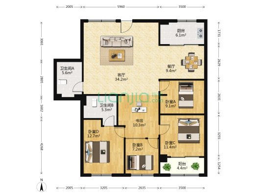 虹桥大厦 5室2厅2卫 163平方