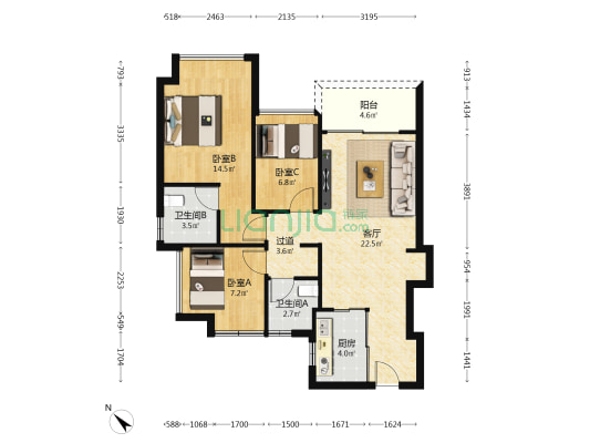超核紫云府 3室1厅2卫 93平方