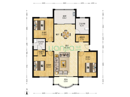 国京路60弄 3室1厅2卫 129平方