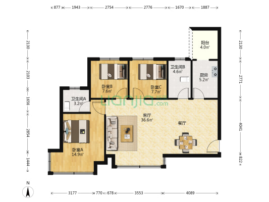 万景進园 3室1厅2卫 89平方