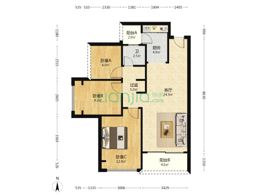 湾上一品 3室1厅1卫 88平方