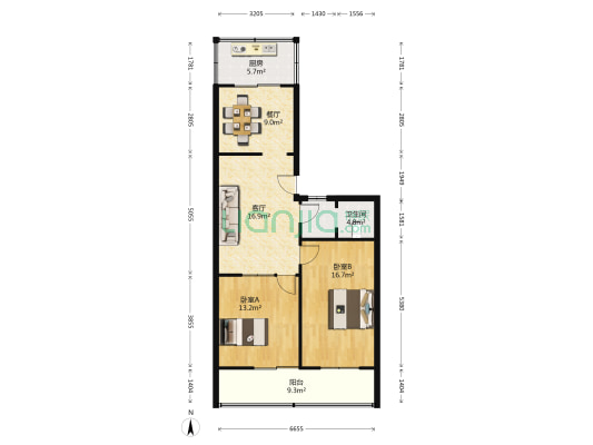 明理街60号院 2室2厅1卫 90平方