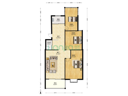 瑞经小区 3室2厅1卫 119平方