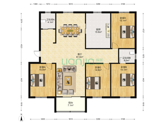 江菱商贸城 4室1厅2卫 156平方