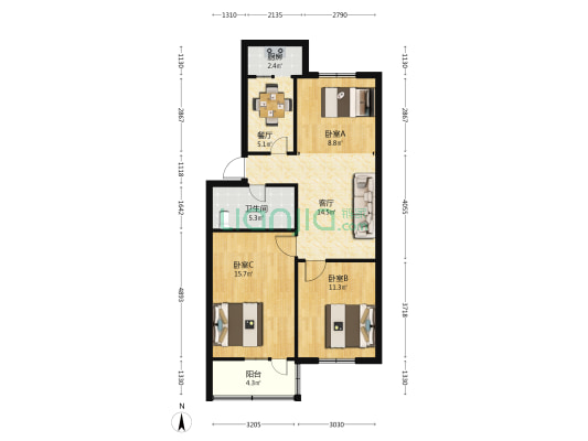 王朗前街2号院 3室2厅1卫 84平方