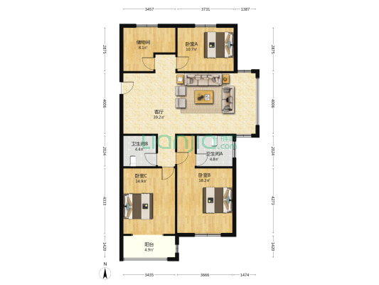 金色家园西区 3室1厅2卫 137平方