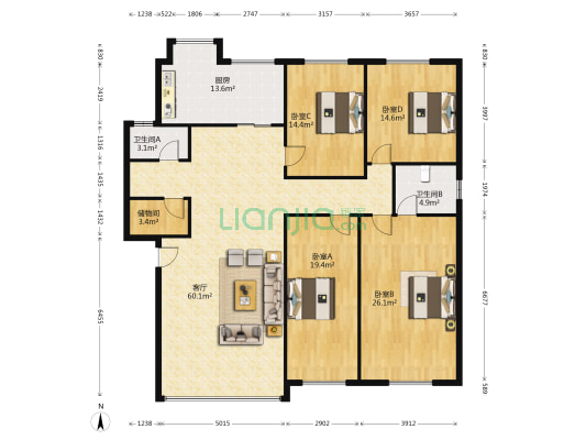 襄樊市邮政局邮驿桥小区 4室1厅2卫 177平方