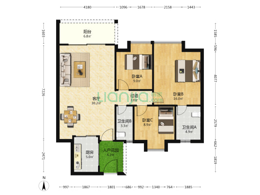 怡康华府 3室1厅2卫 107平方